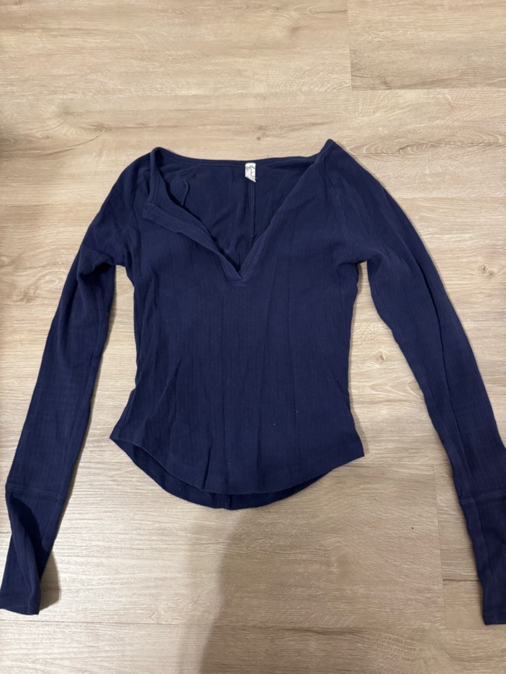 Free People Navy Ribbed V-Neck Long Sleeve Top